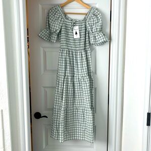 Green/gray gingham midi dress